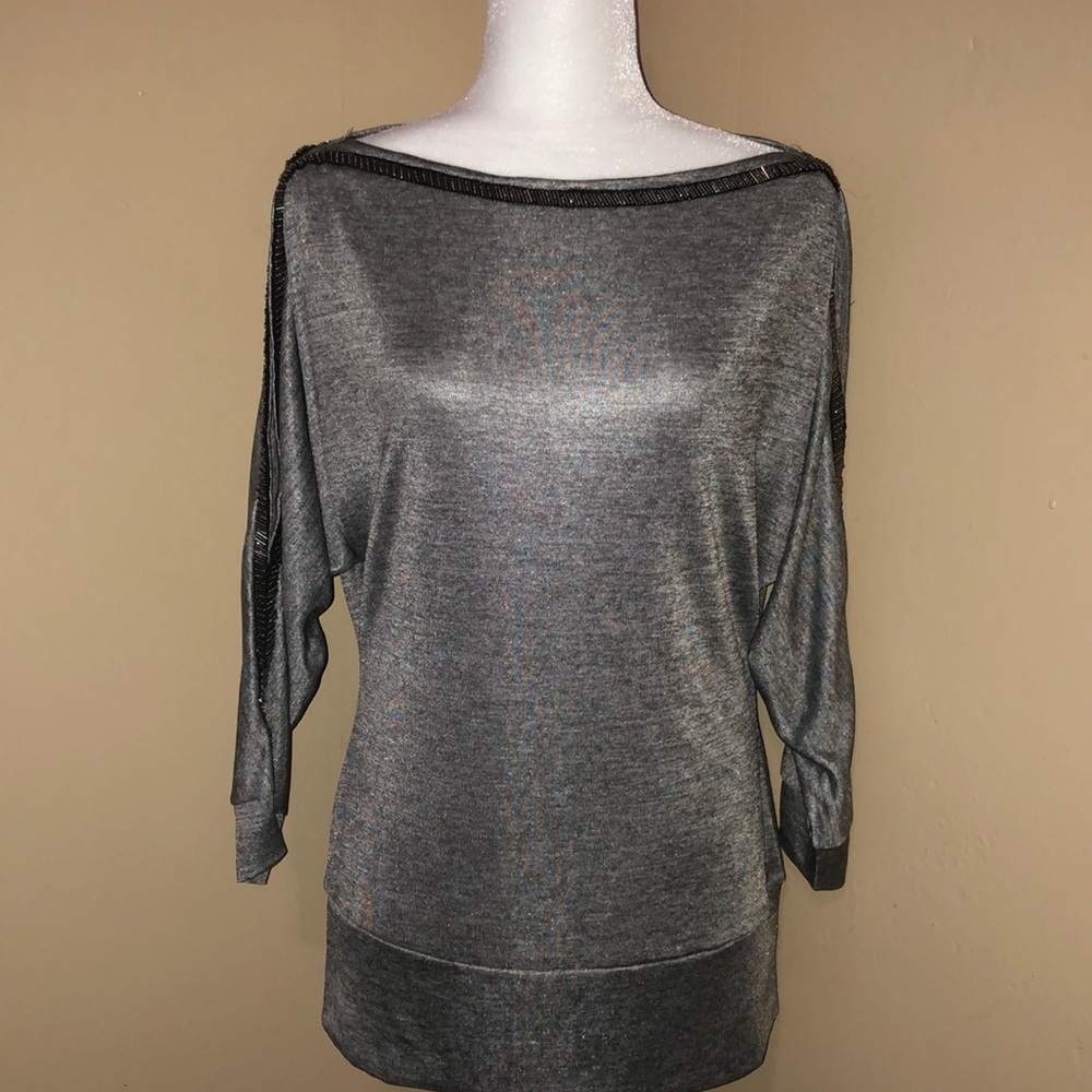 FOCUS 2000 Embellished Cold-Shoulder Silver Top
